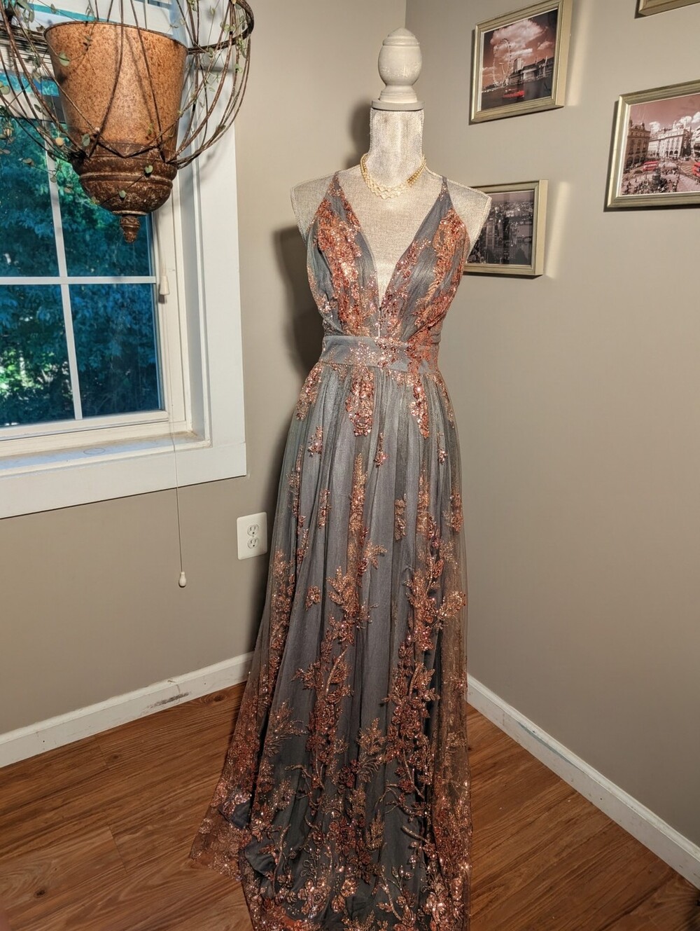 Soieblu Gray/Green and Rose Gold Sequin Gown - Deep V Maxi Dress